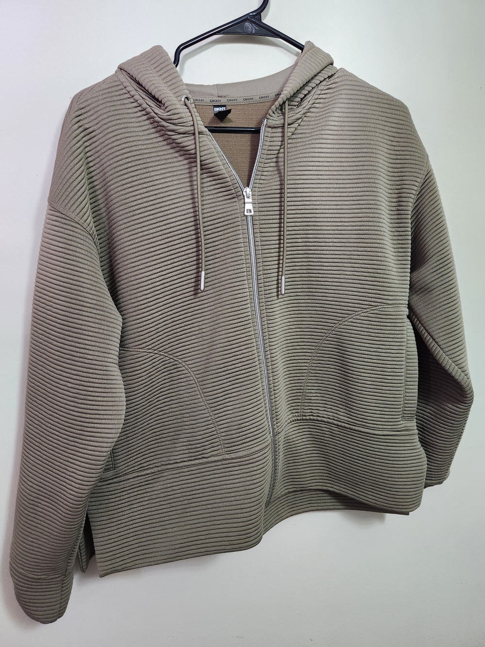DKNY Ribbed Zip Hoodie in Taupe M Medium
